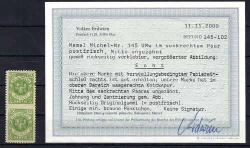 Memel, Mi 145UMw ** senk. Paar, Befund Erdwien BPP, ME 650€