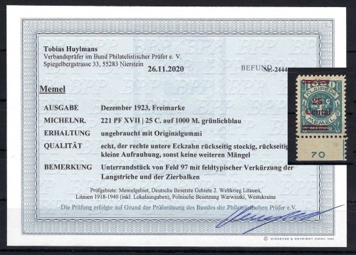 Memel, Mi 221 PF XVII *, mit Befund Huymans BPP, ME _._