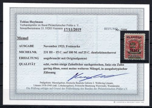 Memel, Mi 231 III *, mit Befund Huymans BPP, ME 300€