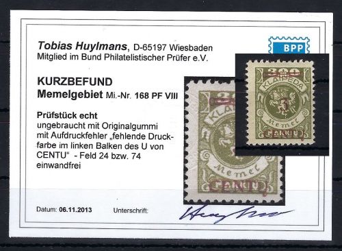 Memel, Mi 168 * mit PF VIII, KB Huymans BPP