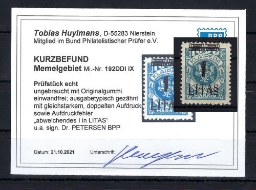 Memel, Mi 192 DDI mit PF IX *, mit KB Huymans BPP