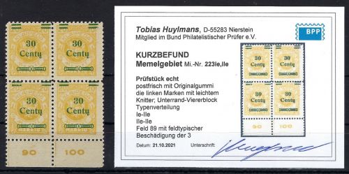 Memel, Mi 223 Ie / IIe / IIe / IIe **, Viererblock, mit KB Huymans BPP