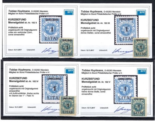 Memel, Mi 182 II - V jeweils * und mit KB Huymans BPP, ME 358€