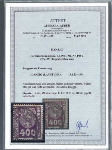 Danzig Portomarken, 18 Y ° mit FA Gruber BPP, ME1.500€