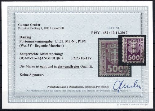 Danzig Portomarken, Mi 19 Y ° Befund Gruber BPP, ME 400€