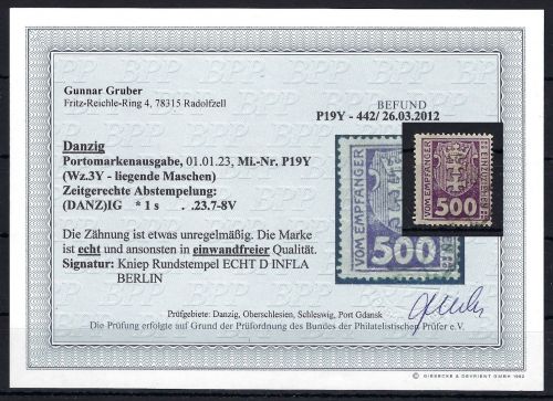 Danzig Portomarken, Mi 19 Y °, Befund Gruber BPP, ME 400€
