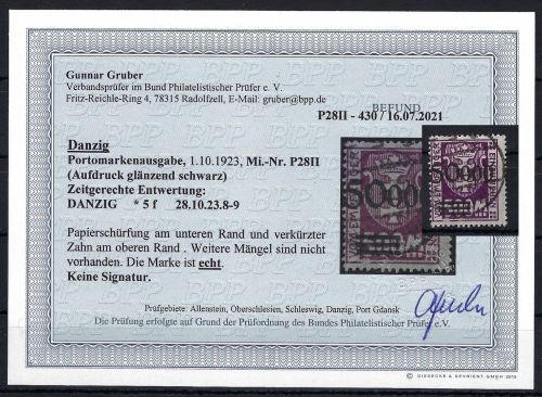 Danzig Portomarken, Mi 28 II °, Befund Gruber BPP, ME 1.700€