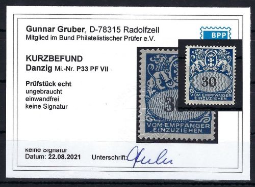 Danzig Portomarken, Mi 33 PF VII *, KB Gruber BPP, ME 200€