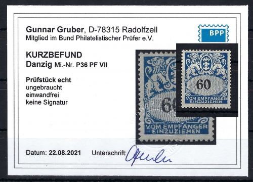 Danzig Portomarken, Mi 36 PF VII *, KB Gruber BPP