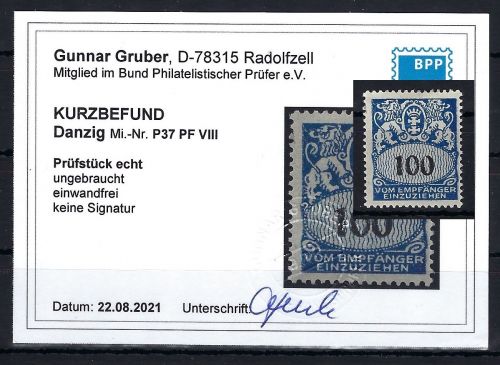 Danzig Portomarken, Mi 37 PF VIII *, KB Gruber BPP