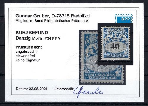 Danzig Portomarken, Mi 34 PF V *, KB Gruber BPP