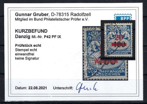 Danzig Portomarken, Mi 42 PF IX°, KB Gruber BPP, ME 130€