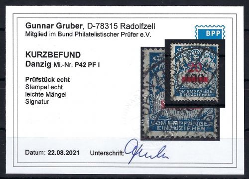 Danzig Portomarken, Mi 42 ° mit PF I, KB Gruber BPP, ME 130€