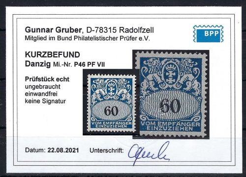 Danzig Portomarken, Mi 46 PF VII *, KB Gruber BPP, ME _._