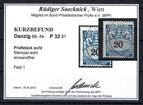 Danzig Portomarken, Mi 32 PF III *, KB Gruber BPP, ME _._