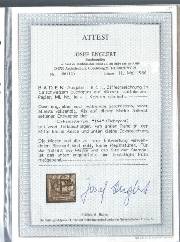 Baden Mi 1a ° mit K1-Bahnpost 164, FA Englert BPP, ME 1.000€