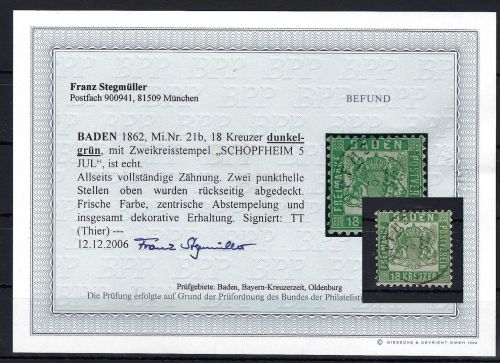 Baden Mi 2 Ib zentrisch gestempelt, Befund Stegmüller BPP, ME 3.000€