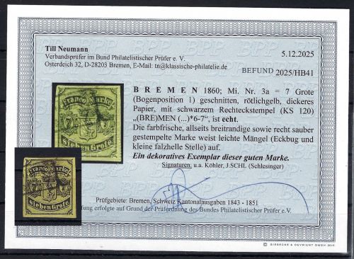 Bremen Mi 3a ° vollrandig, Befund Neumann BPP, ME 900€