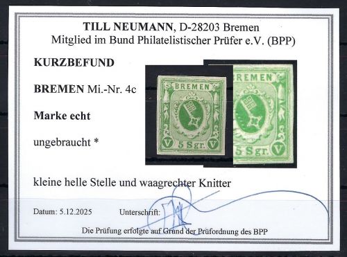 Bremen Mi 4c * mit Gummi und Falz, KB Neumann BPP, ME 70€