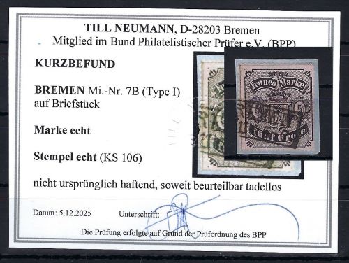 Bremen Mi 7 B Type I °, KB Neumann BPP, ME 300€