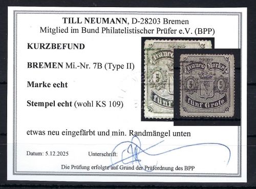 Bremen Mi 7 B Type II °, KB Neumann BPP, ME 300€