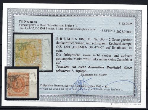 Bremen Mi 10 b °, Befund Neumann BPP, ME 1.000€