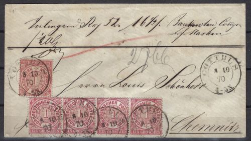 NDP Mi 16 (5) einmal Viererstreifen MeF Cottbus n. Chemnitz