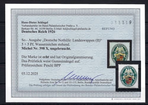 DR Nothilfe, Mi 398 X *, Befund Schlegel BPP