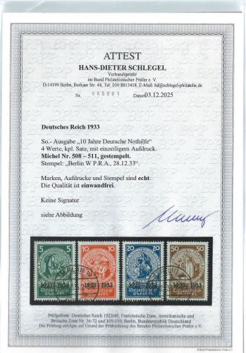 DR 1933, Mi 508-511 ° einwandfrei, FFA 2025 Schlegel BPP, ME 2.000€