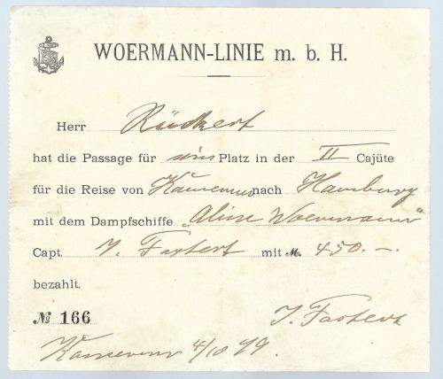 Woermann Linie, Kamerun n. Hamburg 1919, Rückkehr Ticket