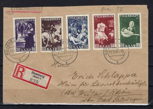 Saar Mi 309-313 Satzbrief/Einschreiben echt befördert, Befund Ney VPP