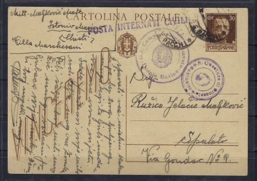 Postkarte Interniertenlager Istonio Marina Italien 1943 nach Spalato