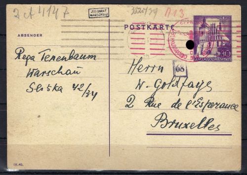 Ghetto Post Warschau Judenrat Polen, 1941 n. Brüssel, Zensurkarte