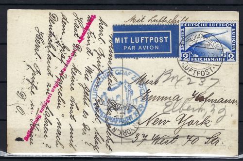 Zeppelinpost nach New York, Bostempel + L 1 Beförderung verzögert