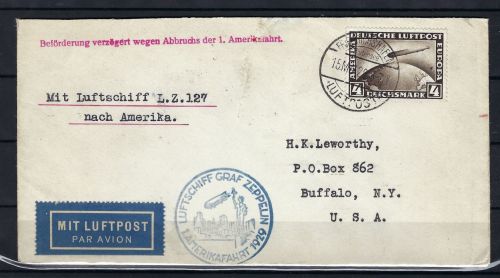 Zeppelinpost nach Buffalo N.Y. , Bostempel + L 1 Beförderung verzögert