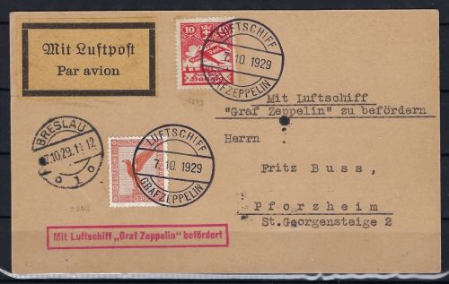 Zeppelinpost Breslau n. Pforzheim MiF Danzig/Deutsches Reich