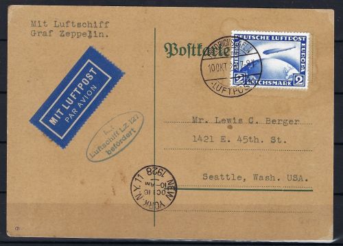 Zeppelinpost 1927, Friedrichshafen n. Seattle Zwischenland. New York