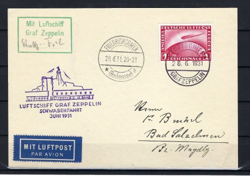 Zeppelinpost Schwabenfahrt 1931, Friedrichshafen n. Bad Salzelmen