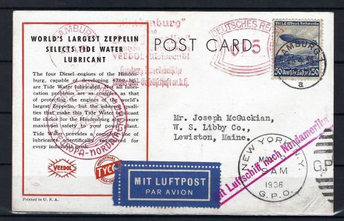Zeppelinpost / AK Luftschiff Hindenburg, Hamburg n. Lewiston Maine