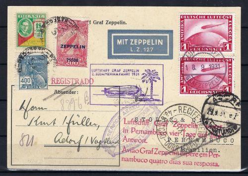 Zeppelinpost mit DR Mi 455 MeF nach Pernambuco (Brasilien)