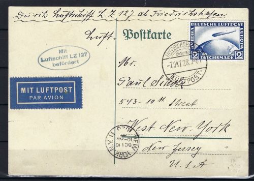Zeppelinpost mit DR Mi 423 EF Friedrichshafen n. New York