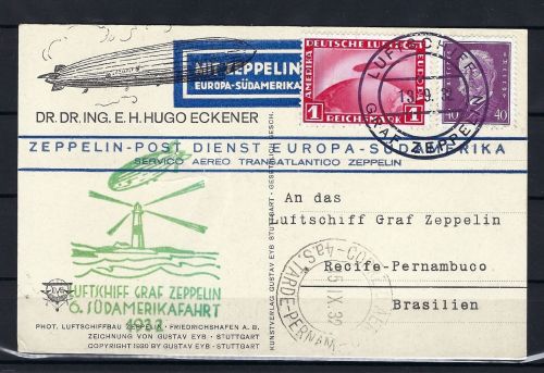Zeppelinpost 6. Südamerikafahrt , Eckener Karte, n. Recife-Pernambuco