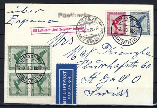 Zeppelinpost 1929 Bodensee n. St. Gallen mit Schweizer LuPo-Stempel