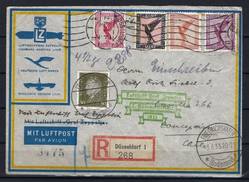Zeppelinpost 2. Südamerikafahrt 1933 Düsseldorf n .Chile Concepcion
