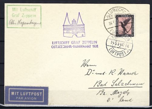 Zeppelinpost Ostsee-Rundfahrt 1931, Lübeck>Kopenhagen>Bad Salzelmen