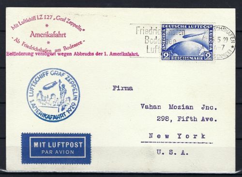 Zeppelinpost nach New York, Bostempel + L 1 Beförderung verzögert