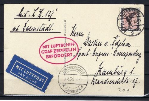 Zeppelinpost Darmstadt > Friedrichshafen > Hamburg vom 3.8.1930