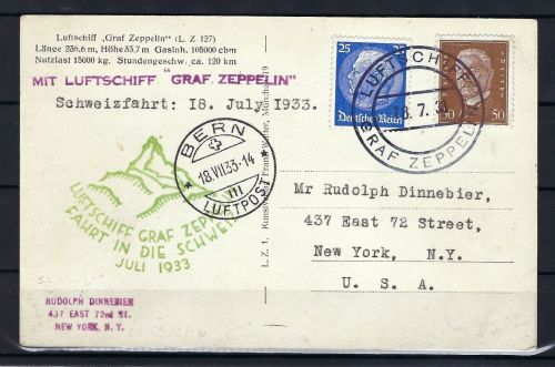 Zeppelinpost Schweizfahrt 1933 mit Schweizer LuPo Stempel, n. New York
