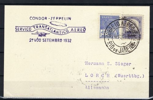 Zeppelinpost 2. Flug September 1932 Rio de Janeiro nach Lorch