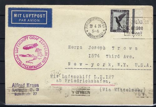 Zeppelinpost Mittelmeerfahrt 1929, Friedrichshafen n. New York